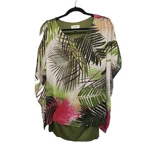 Norm Thompson Vintage Womens Pullover Flowy Blouse Tunic Floral Green Top Shirt